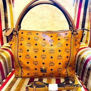 Authentic preloved leather medium 2-way top-zip MCM Cognac Tote.